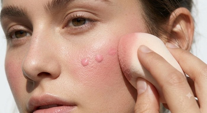 Applying cream blush onto cheeks using a damp beauty sponge.