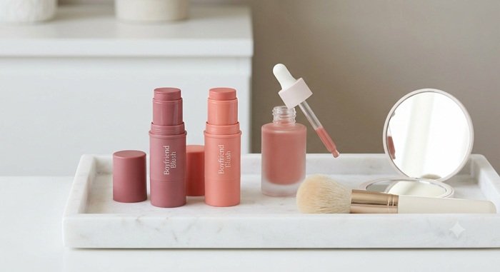 Collection of liquid and cream blush products on a vanity tray.