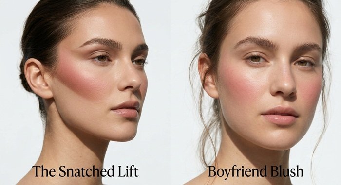 Side-by-side comparison of lifted cheekbone blush vs low boyfriend blush placement
